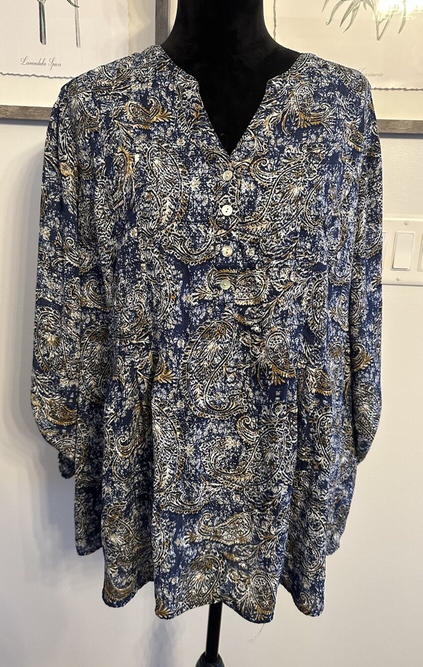 ZAC & RACHEL Tunic Top Navy Paisley Convertible Sleeves Pintucked Flowy Size 2X